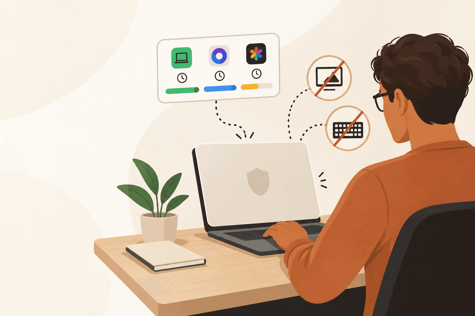 A smooth editorial illustration of a laptop privacy boundary: app and time records are retained while screen content and typed text are excluded